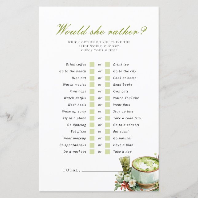 Zou Zij Liever Perfect Matcha Bruiloftsspel (Voorkant)