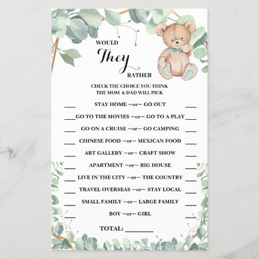 Zouden ze liever Beer Greenery Shower Game-kaart Flyer (Voorkant)