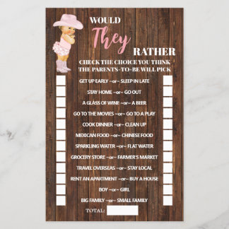 Zouden ze liever een Cowgirl Baby shower-spelkaart Flyer