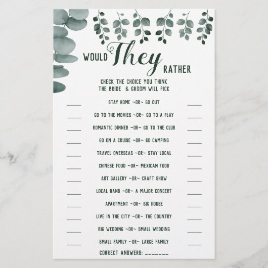 Zouden ze liever een Eucalyptus Shower Game-kaart Flyer (Voorkant)