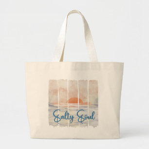 Zout Ziel Retro Zonsondergang Waterverf Strand Grote Tote Bag