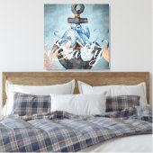 Zoute Waterverf octopus en anker niesdoorn Canvas Afdruk (Insitu (Slaapkamer))