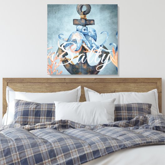 Zoute Waterverf octopus en anker niesdoorn Canvas Afdruk (Insitu (Slaapkamer))