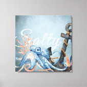 Zoute Waterverf octopus en anker niesdoorn Canvas Afdruk (Voorkant)