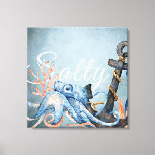 Zoute Waterverf octopus en anker niesdoorn Canvas Afdruk