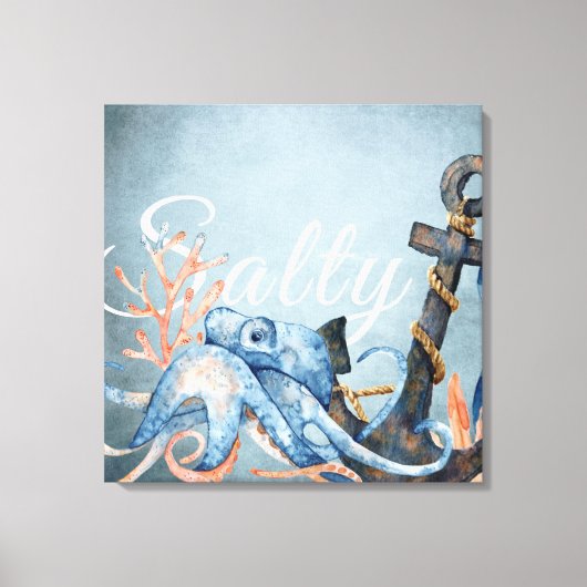 Zoute Waterverf octopus en anker niesdoorn Canvas Afdruk (Voorkant)