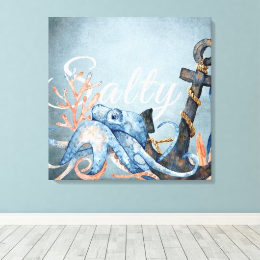 Zoute Waterverf octopus en anker niesdoorn Canvas Afdruk (Insitu (Houten vloer))