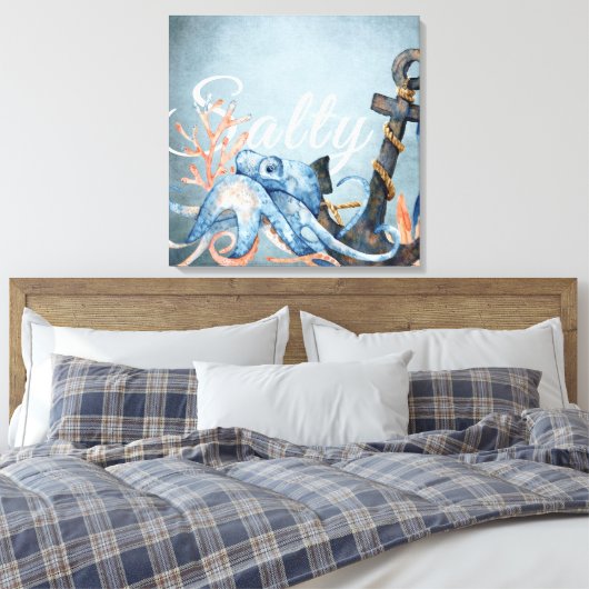 Zoute Waterverf octopus en anker niesdoorn Canvas Afdruk (Insitu (Slaapkamer))