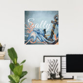 Zoute Waterverf octopus en anker niesdoorn Poster (Thuiskantoor)