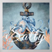 Zoute Waterverf Octopus en Zee met anker Poster (Voorkant)