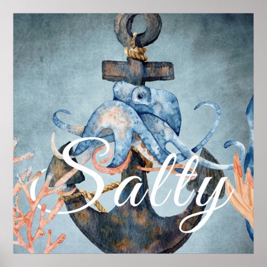 Zoute Waterverf Octopus en Zee met anker Poster (Voorkant)