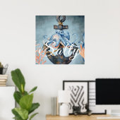 Zoute Waterverf Octopus en Zee met anker Poster (Thuiskantoor)