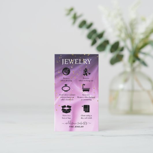 zoutoplossing en paarse glitter visitekaartje (Staand voorkant)