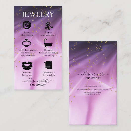 zoutoplossing en paarse glitter visitekaartje (Voorkant / Achterkant)