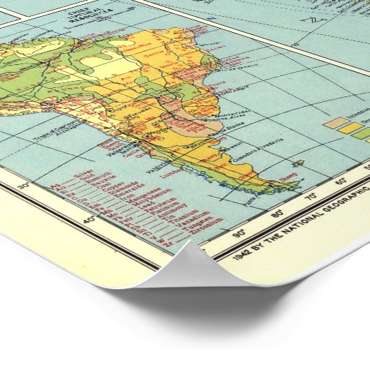 " Zuid-Amerika: 1942 Gedetailleerde kleurige KAART Poster (Hoek)