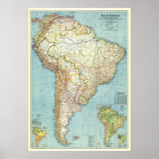 " Zuid-Amerika: 1942 Gedetailleerde kleurige KAART Poster (Voorkant)
