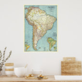 " Zuid-Amerika: 1942 Gedetailleerde kleurige KAART Poster (Keuken)