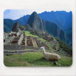 Zuid-Amerika, Peru. Een lama rust op een heuvel Muismat