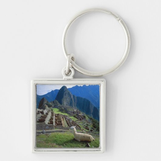 Zuid-Amerika, Peru. Een lama rust op een heuvel Sleutelhanger (Voorkant)
