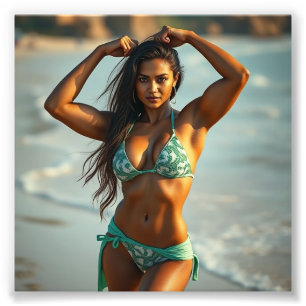 Zuid-Aziatisch fitnessmodel in badmode op het stra Foto Afdruk
