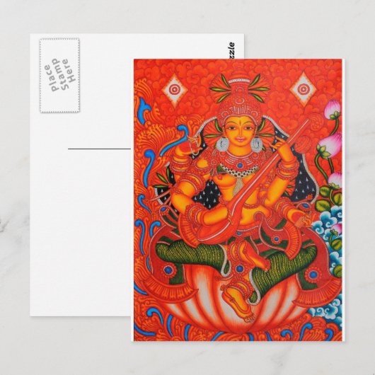 ZUID-INDIAN TANJORE SARASWATI-PAINTING BRIEFKAART (Voorkant / Achterkant)