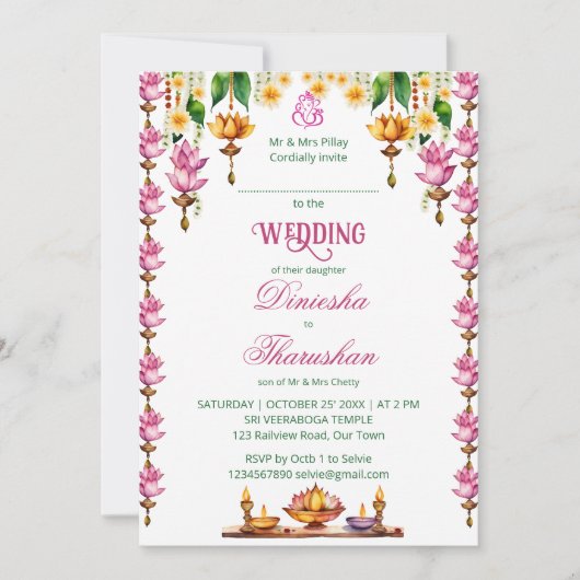 Zuid-Indiase bruiloft lotuslamp slingers sjabloon Kaart (Voorkant)