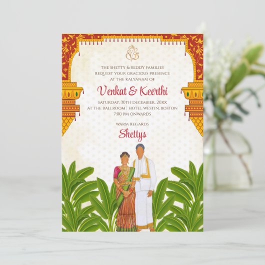 Zuid-Indiase bruiloft uitnodiging Tamil trouwkaart (Staand voorkant)