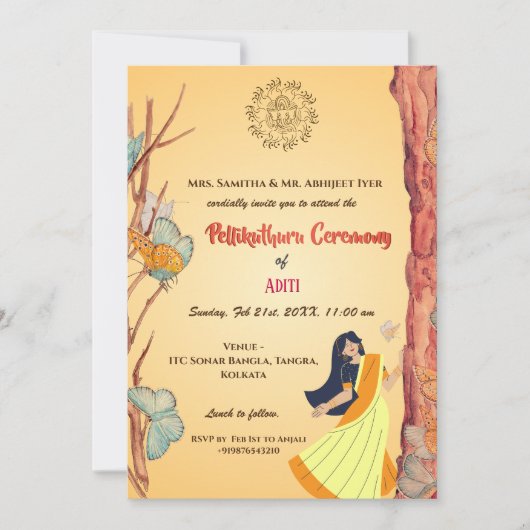 Zuid-Indiase Hindoe Bride Pellikuthuru Ceremonie Kaart (Voorkant)