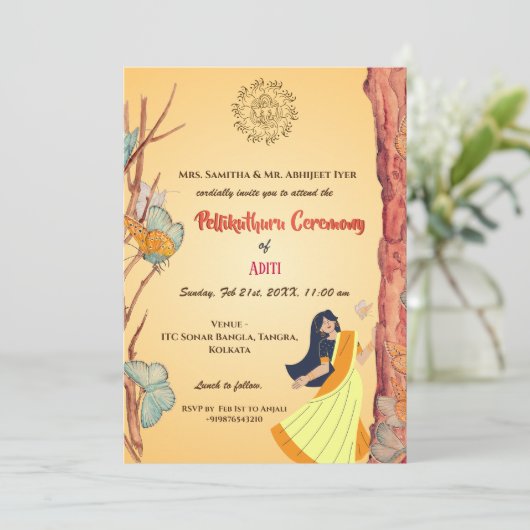 Zuid-Indiase Hindoe Bride Pellikuthuru Ceremonie Kaart (Staand voorkant)