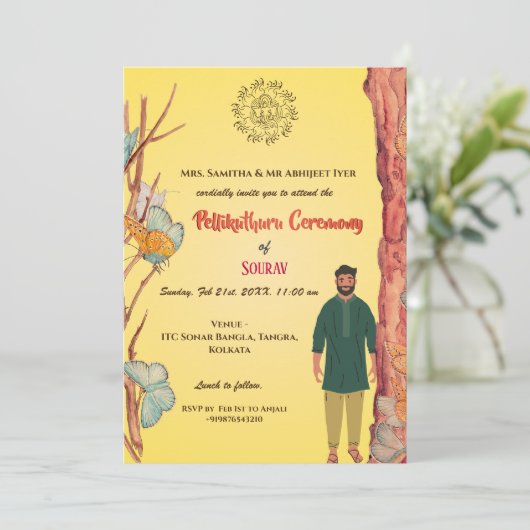 Zuid-Indiase hindoeïstische bruidegom Pellikuthuru Kaart (Staand voorkant)