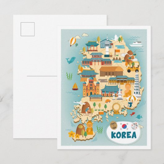 Zuid-Korea Kaart Kunst Vintage Reizen Illustratie (Voorkant / Achterkant)
