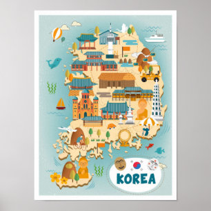 Zuid-Korea Kaart Kunst Vintage Reizen Illustratie Poster