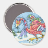 ZUID, PINK FLAMINGOS WINTER MAGNET Round (Voorkant / Achterkant)
