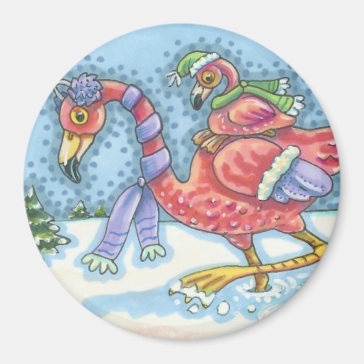 ZUID, PINK FLAMINGOS WINTER MAGNET Round (Voorkant)
