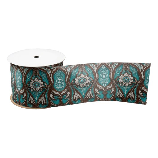 Zuid Turquoise Bruin Western Country Floral Satijnen Lint (Spoel)