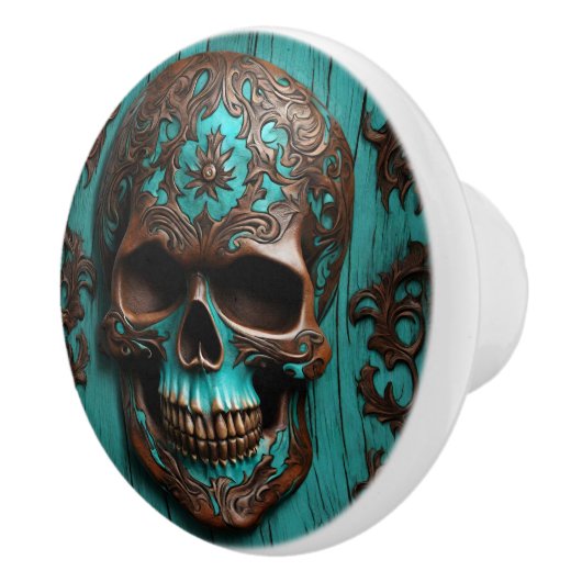 Zuid-turquoise Día de Muertos Suikerschedel Keramische Knop (Rechts)