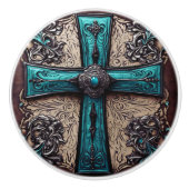  Zuid-Turquoise Westerne Land Cross Keramische Knop (Voorkant)