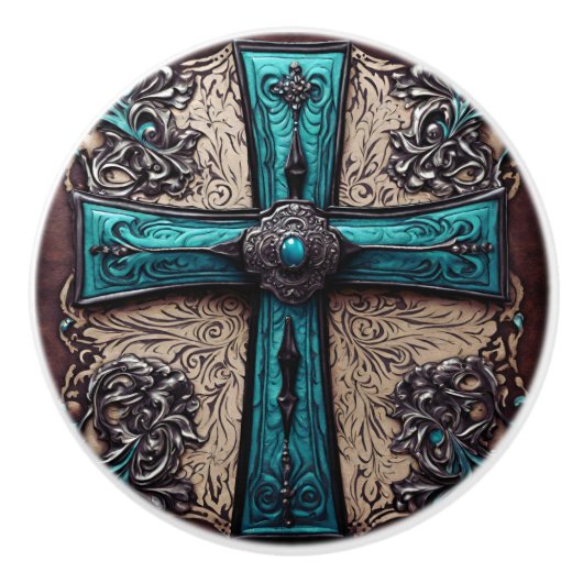  Zuid-Turquoise Westerne Land Cross Keramische Knop (Voorkant)