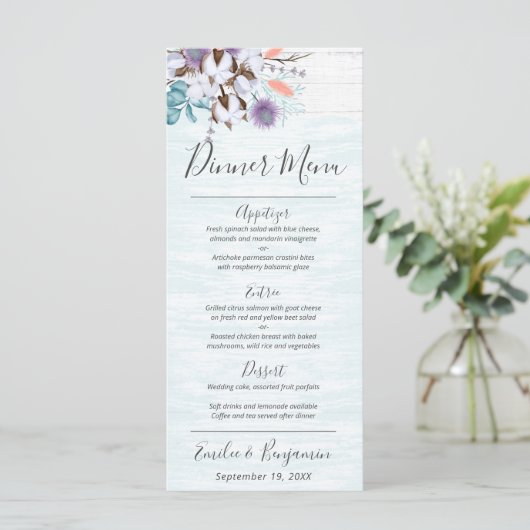 Zuidelijk Land Katoen Boll Rustiek Bruiloft Diner Menu (Staand voorkant)