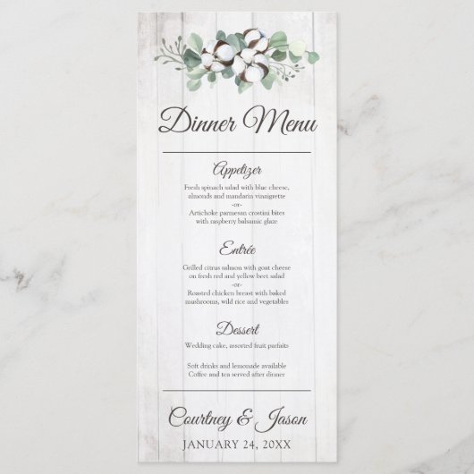 Zuidelijk Land Katoen Boll Rustiek Bruiloft Diner Menu (Voorkant)