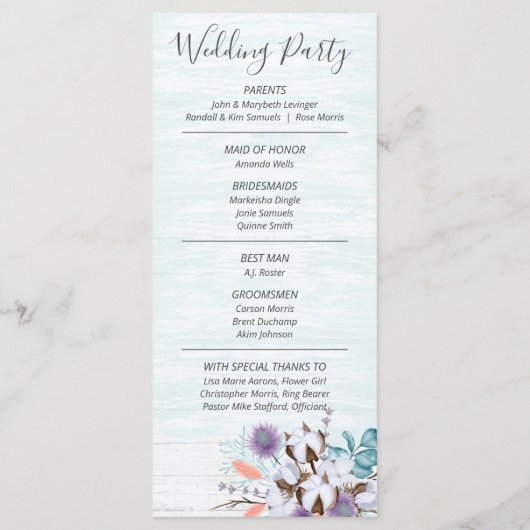 Zuidelijk Land Katoen Boll Rustiek Hout Bruiloft Programmakaart (Achterkant)