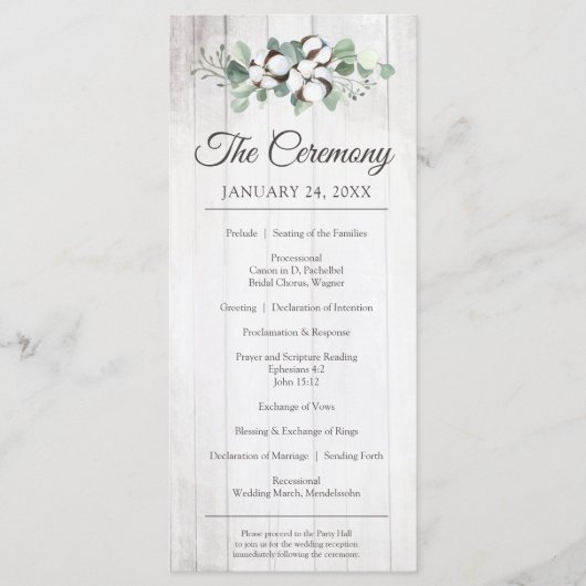 Zuidelijk land katoen rustieke bruiloft ceremonie programmakaart (Voorkant)