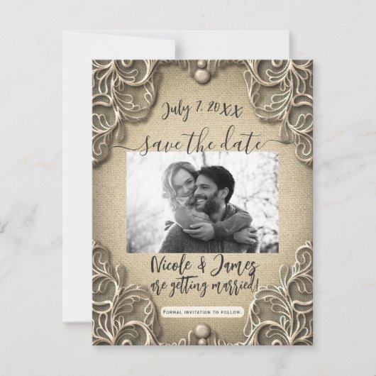 Zuidelijke Charm Burlap Lace sparen de Datum Kaart (Voorkant)