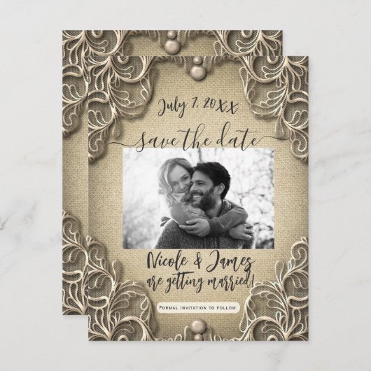 Zuidelijke Charm Burlap Lace sparen de Datum Kaart (Voorkant / Achterkant)