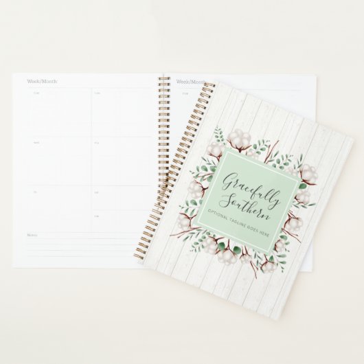 Zuidelijke katoenbloemen op witte Barn Wood Planner (Display)