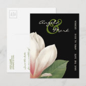 Zuidelijke Magnolia Bloem Bruiloft | Elegant Zwart Aankondigingskaart (Voorkant / Achterkant)