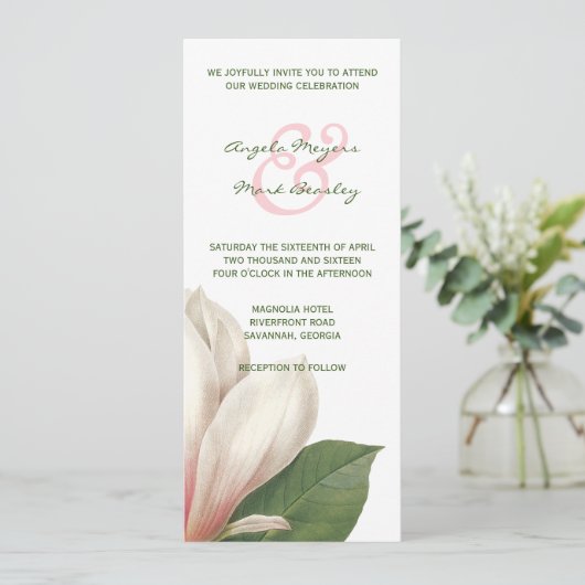 Zuidelijke Magnolia Bloem Bruiloft | roze en wit Kaart (Staand voorkant)