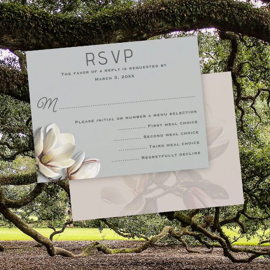 Zuidelijke Magnolia Bloemen Bruiloft Menu RSVP Kaa Kaart