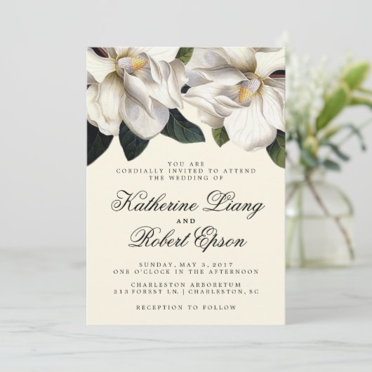 Zuidelijke Magnolia Botanische bruiloft uitnodigin Kaart (Staand voorkant)