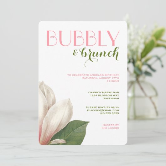 Zuidelijke Magnolia Bubbly Brunch | Roze Groen Wit Kaart (Staand voorkant)